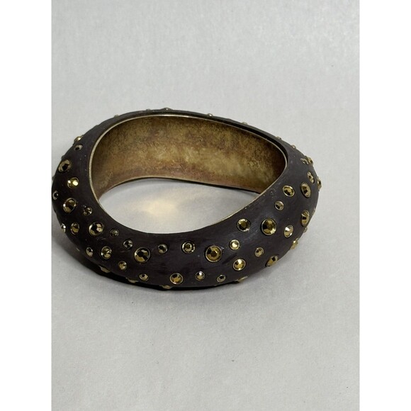 Vintage Bangle Bracelet Chunky Asymmetrical Brass Lizety Swarovski - Picture 1 of 8